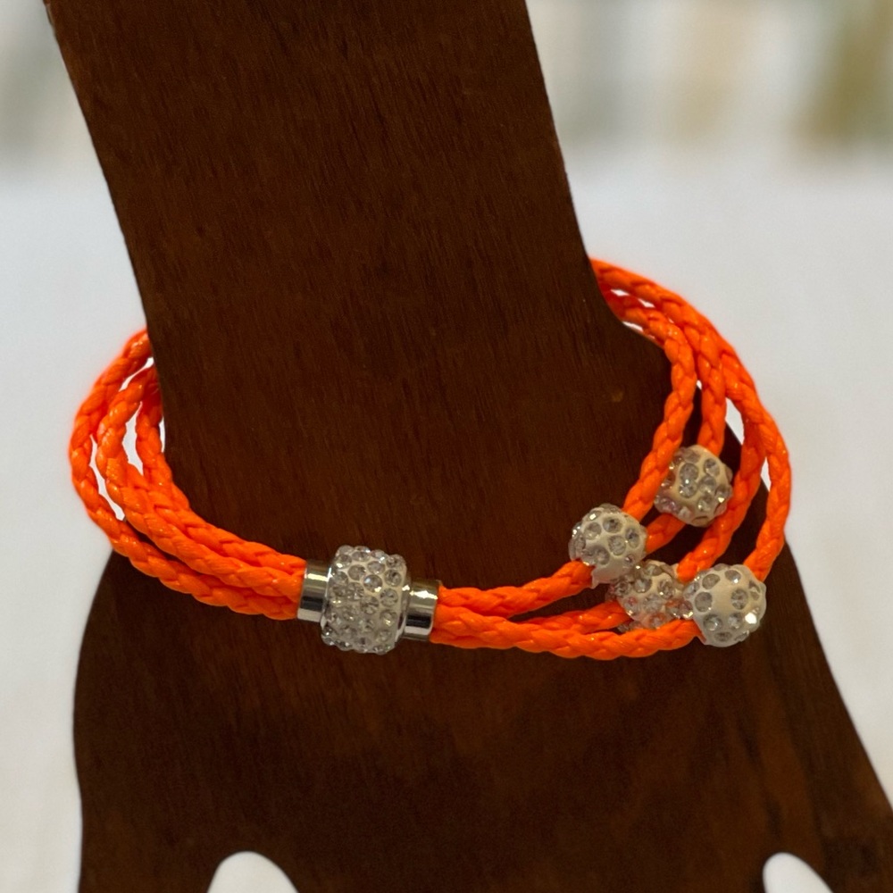 Orange leather multi strand bracelet rhinestone steel magnetic closure